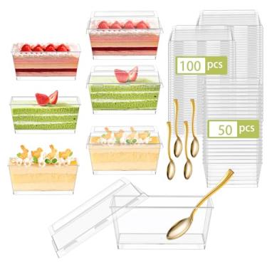 Imagem de DI QIU REN 250 peças de copos de sobremesa transparentes com tampas e colheres douradas, copos de sobremesa retangulares de plástico reutilizáveis de 140 ml, mini tigela de servir para sobremesas