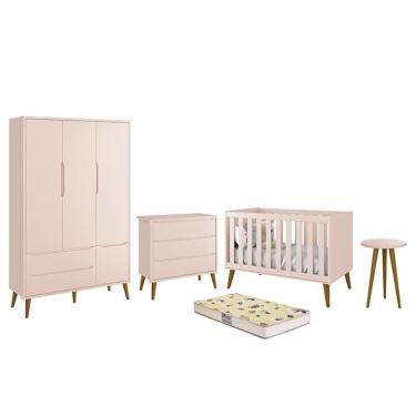 Imagem de Dormitório Infantil Theo Retrô 3 Portas, Cômoda, Berço, Mesa de Apoio com Pés Amadeirado e Colchão D18 - Reller Móveis Rosa Fosco