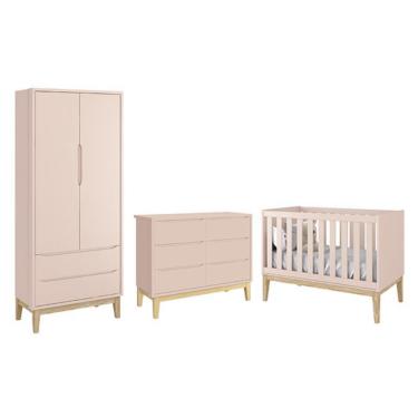 Imagem de Dormitório Completo Infantil Classic 2 Portas, Cômoda 6 Gavetas e Berço com Pés Madeira Natural - Reller Móveis Rosa Fosco