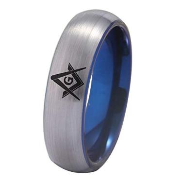 Imagem de Cloud Dancer Cúpula prateada de 6 mm/8 mm, acabamento escovado e interior azul em carboneto de tungstênio, bússola maçônica quadrada com design de símbolo maçônico, gravação personalizada sem anéis (6