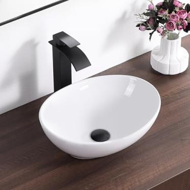 Imagem de KARAMAG Pia de vaso oval 40,6 cm x 33 cm Pia de banheiro moderna em forma de ovo acima do balcão pia pequena de cerâmica branca para banheiros