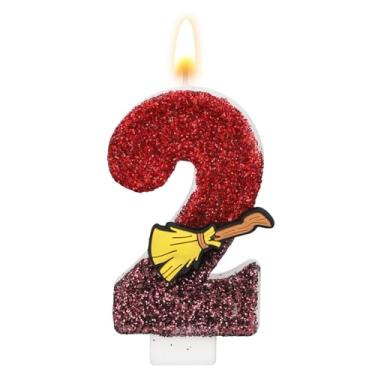 Imagem de Vela de Aniversário com Tema Bruxo Mágico, Vela com Glitter e Lantejoulas Tema Vassoura Mágica Topo de Bolo Inspirado em Bruxo para Decoração Festa Aniversário Infantil (Número 2)