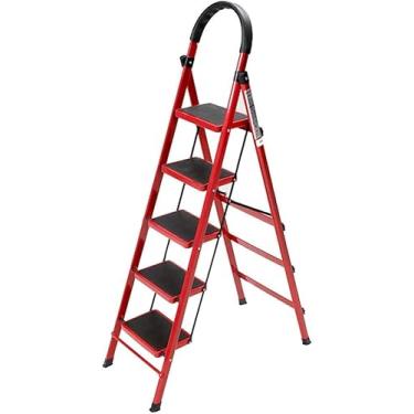 Imagem de Escada De 5 Degraus, Aço Resistente, Dobrável, Portátil Com Tapete Antiderrapante Multicolou Fácil De Guardar E Fácil De Transportar, White, RED
