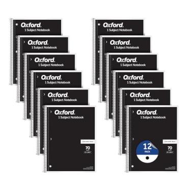 Imagem de Oxford Caderno espiral pacote com 12, 1 assunto, papel pautado universitário, 20 x 25 cm, capas pretas, 70 folhas perfuradas (63744)