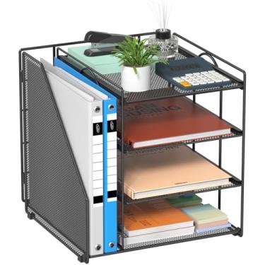 Imagem de Becomrock Organizador de mesa, organizador de papel de metal de 4 camadas para mesa com suporte de arquivo vertical, acessórios de escritório e armazenamento de mesa para material de escritório (preto