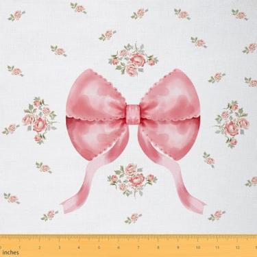 Imagem de jejeloiu Tecido Coquette com laço rosa da The Yard 2 jardas, cachos de flores rosa, impermeável, material externo, tecido de estofamento de princesa sonhadora para cadeiras, flores elegantes embelezam