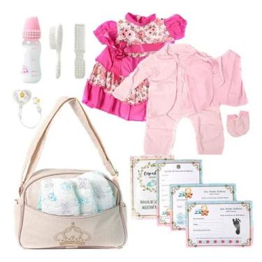 Imagem de Kit Saida Maternidade com Roupa, Bolsa Bege e Acessórios - Saída Mater