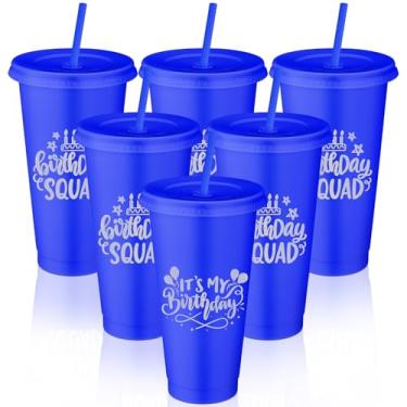 Imagem de Jingmore Copos de plástico de esquadrão de 680 g com tampa e canudo para decorações de aniversário de 20, 30, 40, 50, 60 anos, lembrancinha para mulheres e adultos (azul escuro, 6 peças)