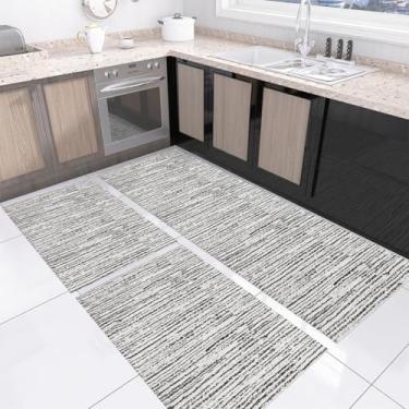 Imagem de Tapete Kit de Cozinha Antiderrapante 3 Peças Mesclado Geométrico Conjunto Passadeira 1,30m x 45cm Capacho 65cm x 45cm Jogo Artesanal Cru Caramelo Preto (Riscato Preto)