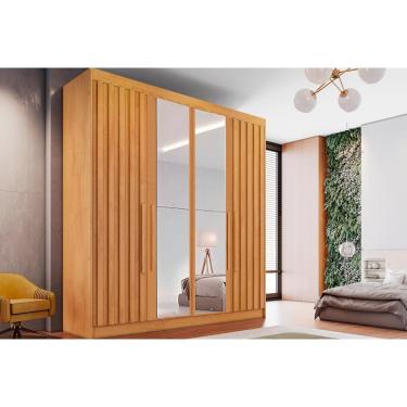 Imagem de Guarda Roupa 4 Portas Ripadas (2 c/ Espelho) e 3 Gavetas Potente Peroba - Europa