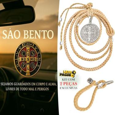 Imagem de Chaveiro Country Capiau + Penduricalho Laço Couro Bege Medalhão São Be