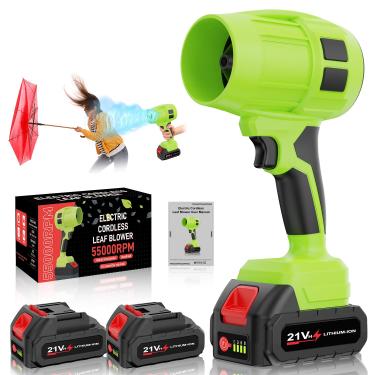 Imagem de Toieue Soprador de folhas sem fio com bateria, soprador de jato turbo, soprador de folhas portátil de 55.000 RPM 2 pilhas de 4,0 Ah para cuidados com o gramado, pátio, folhas soprando neve (verde-001)