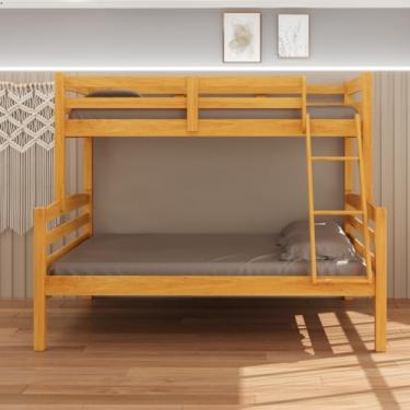 Imagem de Beliche Casal e Solteiro Madeira Maciça Cor Mel com Grade de Proteção e Escada Cama