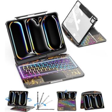 Imagem de TSQQST Capa transparente com teclado sem fio para iPad Pro de 11 polegadas (M4) 2024 com suporte para lápis e trackpad multitoque, PCB visível, brilho de 3 e luz de fundo de 7 cores, rotação 360