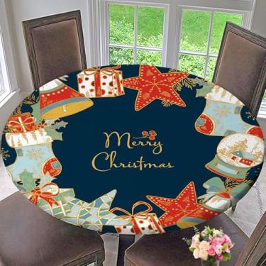 Imagem de Vyxonia Toalha de mesa de Natal dourada com fundo de cartão de Natal e Ano Novo toalha de mesa redonda para festa de jantar adequada para mesa redonda de 61,5 a 71 cm de diâmetro, estilo 574