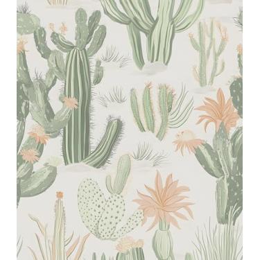 Imagem de Papel de parede de cacto descascar e colar, papel de parede botânico verde bege deserto suculento, 44,5 cm x 1,000 cm, papel de parede boho floral, autoadesivo, removível, impermeável, para quarto