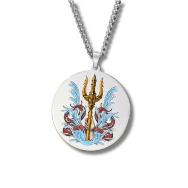 Imagem de Colar Mitologia Grega – Pingente Redondo Gravado Colorido em Aço Inoxidável • Deuses e Deusas da Grécia e Roma (Apolo, Ártemis, Poseidon, Ares, Zeus…) • Amuleto de Proteção Unissex (Trident • Silver)
