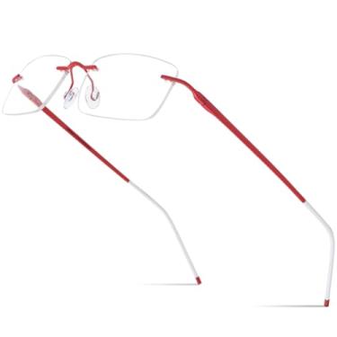 Imagem de VFDHN Armação de óculos sem aro de titânio para mulheres, óculos sem armação para homens, ultraleve (armação vermelha C3)