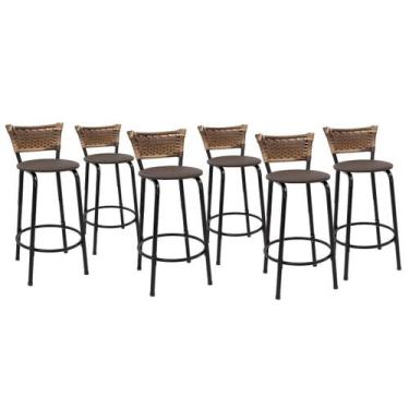 Imagem de Kit 6 Banquetas Para Balcão 60cm Preta Junco Cappuccino Balcão Bistrô 