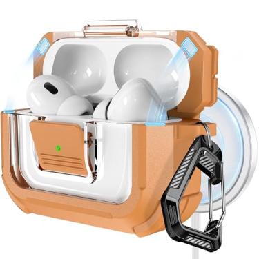 Imagem de RFUNGUANGO Capa protetora compatível com AirPods Pro 2ª/1ª geração com kit de limpeza, compatível com Magsafe, trava automática magnética para iPod Pro (cabo USB-C/Lightning) - marrom