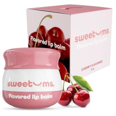 Imagem de Sweetums Bálsamo labial cereja com óleo de vitamina E – Hidratante labial natural para lábios secos e rachados – Cuidados labiais veganos com espelho e aplicador integrados – Tratamento labial