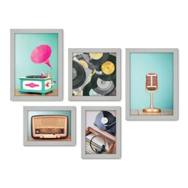 Imagem de Kit Com 5 Quadros Decorativos - Rádio - Vitrola - Microfone - Vinil - 