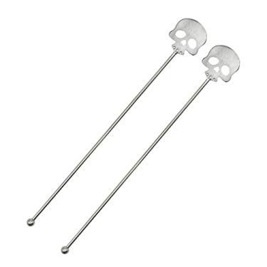 Imagem de 2Pcs Skull Swizzle Sticks 8.7inch Coffee Stirrers Reuseable 18/10(304) Stainless Steel Beverage Cocktail Stirrer for Bar Halloween Party Mixing Drinks