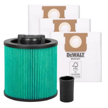 Imagem de DEWALT Kit de acessórios, filtro de cartucho HEPA de alta eficiência DEWALT DXVC6914, pacote com 3 sacos de poeira fina DXVA19-4111, adaptador de energia DXVA19-2780, substituição de alta eficiência
