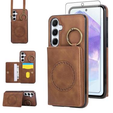 Imagem de Capa carteira compatível com Samsung Galaxy S23 FE 5G e protetor de tela, alça de ombro transversal, fivela anel, suporte de cartão, suporte magnético para carro, capa de telefone para S 23 EF S23FE