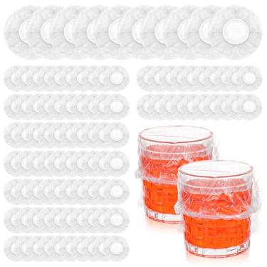 Imagem de LIQWEI 100 peças de capa de bebida, capas de bebida Scrunchie, cobertura de plástico descartável a granel para copos, capa de copo para bebidas para segurança, capas de plástico, protetor de bebidas