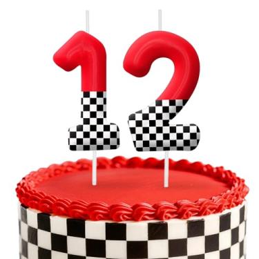 Imagem de Velas de aniversário de carro de corrida, decoração de topo de bolo de 6 cm, bandeira quadriculada número 12 velas, decorações de aniversário, decorações de bolo de festa de aniversário, suprimentos
