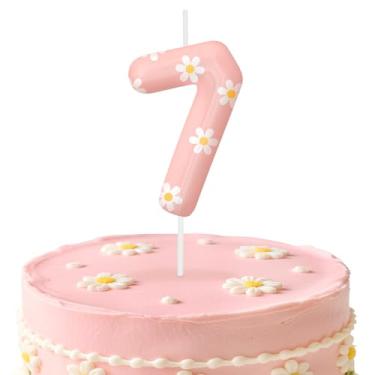 Imagem de Velas de aniversário rosa número 7, enfeite de bolo com tema de margarida para meninos e meninas, decorações de aniversário, suprimentos de festa, velas numéricas para decoração de festa