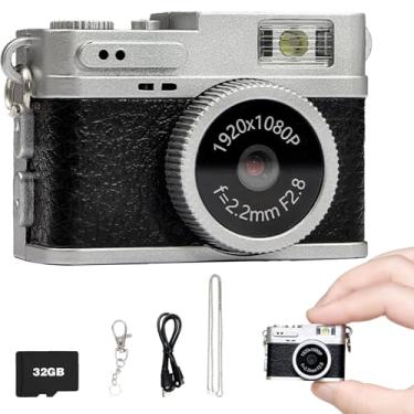 Imagem de Câmera mini chaveiro, pequeno encaixe retrô, câmera digital minúscula 1080p com cartão de 32 GB, gravador de vídeo de bolso nostalgia vintage, foto de vlogging para estudo de viagem (preto)