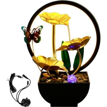 Imagem de Fonte de água de mesa, fonte de mesa alimentada por USB com pedras naturais e luzes de anel de LED, fonte de cachoeira de mesa, fonte de água zen, umidificador de mesa interno para escritório, quarto