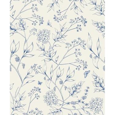 Imagem de Safiyya Papel de parede de contato floral azul e branco descasque e cole 43,9 x 500,4 cm Papel de parede autoadesivo removível para quarto, banheiro, rolo de vinil