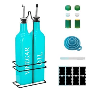 Imagem de Conjunto de dispensador de óleo e vinagre Farmhouse, 500 ml, lindo dispensador de azeite, inclui uma prateleira de aço preto e um funil, galheteiros vintage para vinagre e óleo (turquesa)
