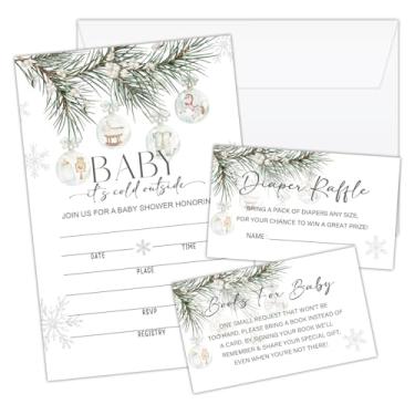 Imagem de Conjunto de 25 cartões de convites para chá de bebê, It's Cold Outside, ingressos de sorteio de fraldas, convites em branco de Natal e inverno com envelopes para decoração de festa de aniversário de