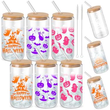 Imagem de Vesici Conjunto de 6 copos de vidro que mudam de cor de Halloween, morcego, abóbora, fantasma, bruxa, 473 ml, copos de vidro fantasma que mudam de cor com tampa e canudo para presentes de festa de