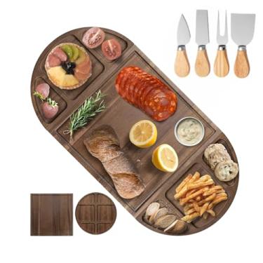Imagem de bangminda Tábua de charcutaria grande de madeira com conjunto de 4 talheres - 3 partes de travessa magnética de queijo de madeira 66 x 33 cm, bandeja de aperitivo personalizada
