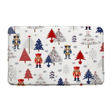 Imagem de GCTNBJL Tapete de banho de Natal, quebra-nozes, árvore de Natal, floco de neve, inverno, vermelho, azul, cinza, tapete de espuma viscoelástica para banheiro, 45 x 76 cm