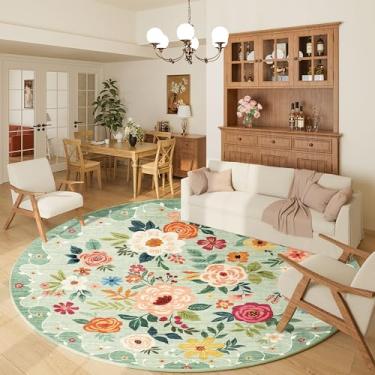 Imagem de DUKINO Tapete redondo floral, tapete circular lavável de 1,8 m, tapete circular antiderrapante para interior baixo, tapete macio com design boho pequeno para quarto, entrada, sala de estar, sala de