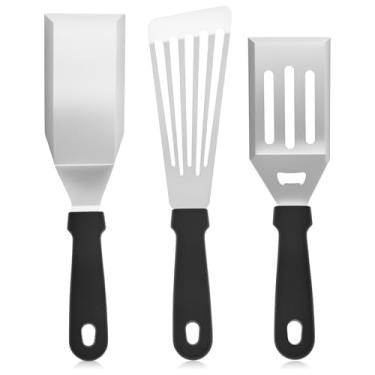 Imagem de FALESOUL Conjunto de 3 espátulas de aço inoxidável, mini espátula de cozinha resistente de 28 cm com alça resistente ao calor para sobremesas, panquecas, ovos, raspador de grelha ou churrasco (prata-a