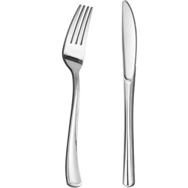 Imagem de Kit 100 Talheres Luxo De Plástico De Prata, 50 garfos + 50 facas, descartáveis resistentes Talheres
