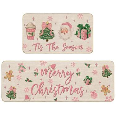Imagem de Mocsicka Conjunto de tapetes de cozinha de Natal rosa, Tis The Season, Papai Noel, tapete de cozinha para decoração de cozinha de Natal, floco de neve, árvore de Natal, decoração de casa, rosa, tapete
