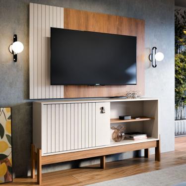 Imagem de Painel Com Rack Para Tv De Ate 50 Polegadas Ripado Com Porta E Prateleira Para Sala De Estar Pérola