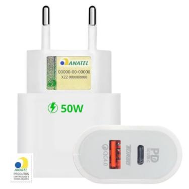 Imagem de Fonte Universal Turbo 50W 2 Entradas USB-C e USB Turbo Carregador Tipo C e USB - Compátivel Com Todo Dispositivo e Cabo Tecnologia Power Delivery Carrega Com Segurança - Linha Premium