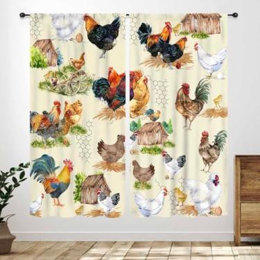 Imagem de Cortinas de cozinha de galo, quinta, animal, vintage, retrô, galinha, rústica, madeira, celeiro, café, janela, varão, bolso, quarto, sala de estar, banheiro, 2 painéis, 106 x 113 cm