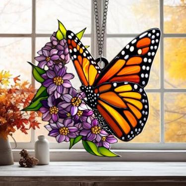 Imagem de Borboleta monarca e flores roxas para pendurar em acrílico – Ornamento acrílico para janela ou jardim – Decoração colorida inspirada na natureza – Presente de borboleta leve para jardineiros e amantes