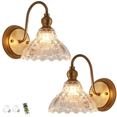 Imagem de Conjunto de dois apliques de parede, luminárias de parede sem fio operadas por bateria, luminária de parede de vidro moderna, com controles remotos e lâmpadas LED reguláveis, arandelas inter
