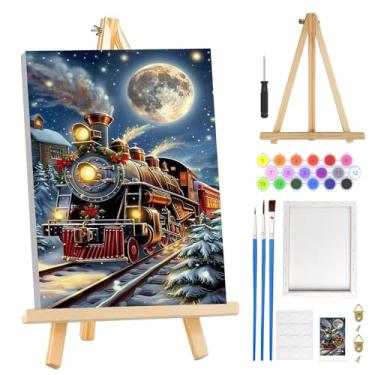 Imagem de MOGTAA Kit de pintura de Natal por números para adultos iniciantes com moldura, kits de pintura por números de trem de Natal em tela com cavalete, kits de pintura a óleo de inverno fáceis de fazer